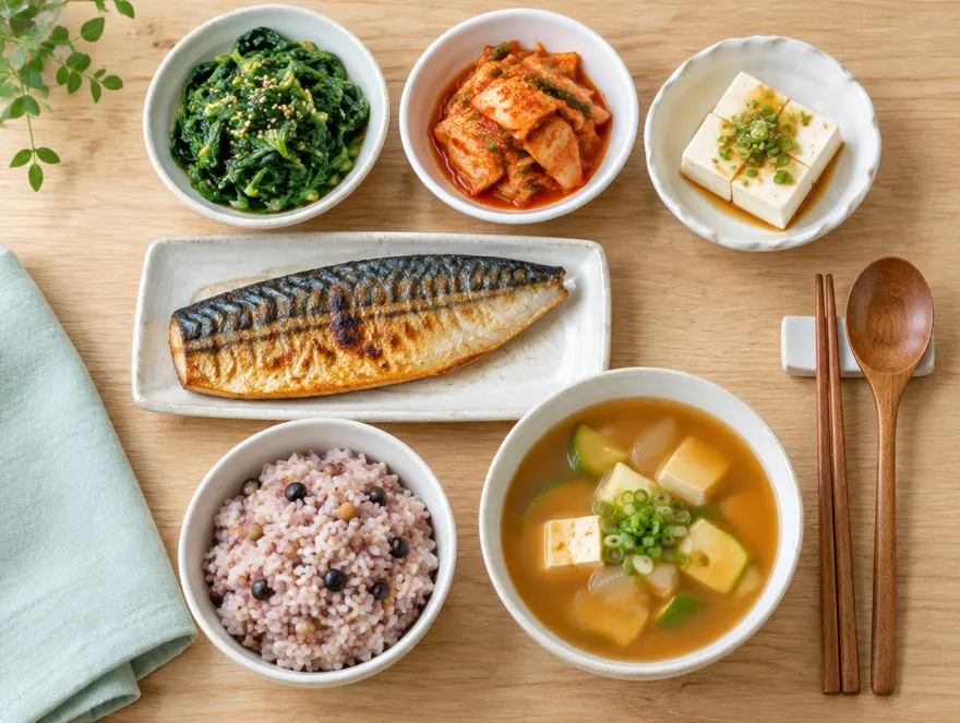 잡곡밥, 된장국, 고등어구이, 시금치나물, 김치, 두부로 차린 한식 한 상