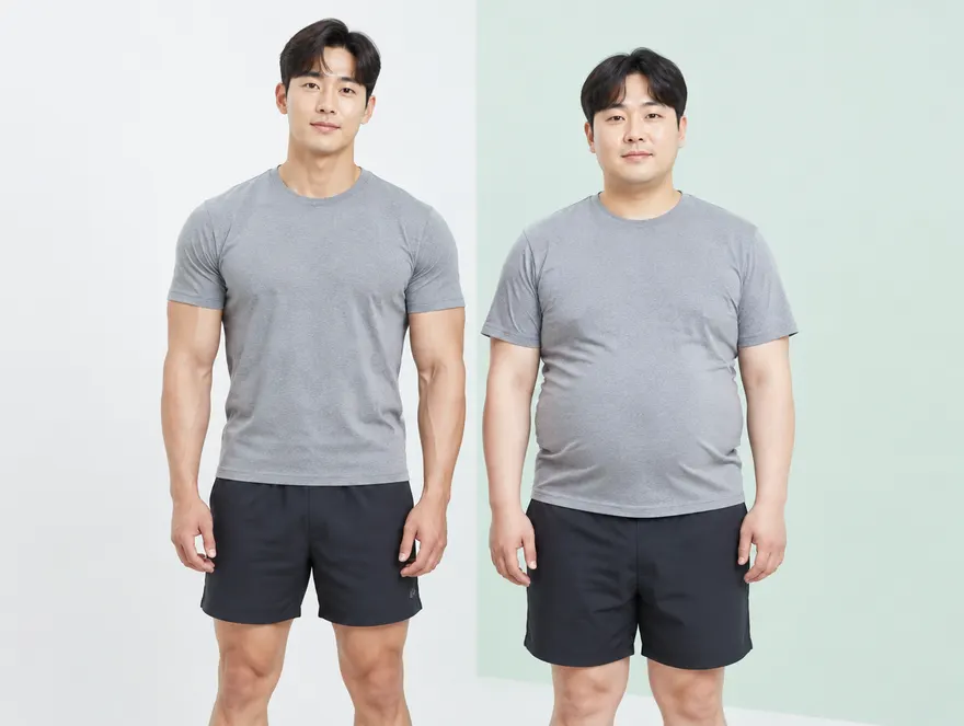 키와 몸무게가 비슷하지만 근육형과 복부비만형으로 체형이 다른 두 남성